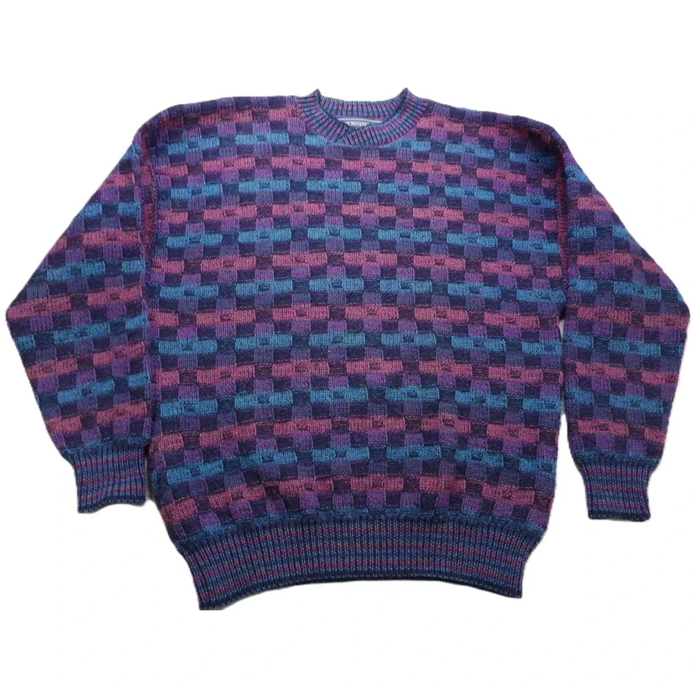 VTG Crossings Geometric Checkerboard Sweater Men L Made in USA 90s Knit Pullover